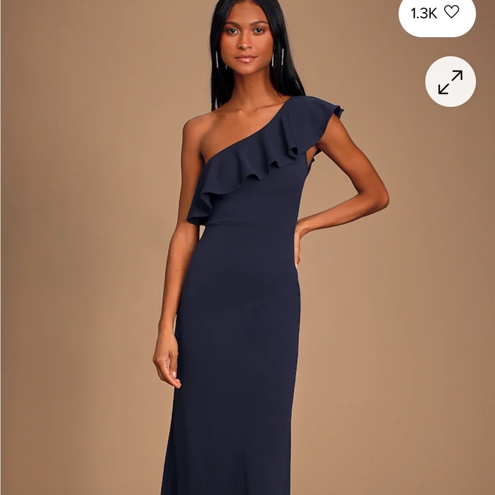Lulus Navy Blue One-Shoulder Ruffle Maxi Dress